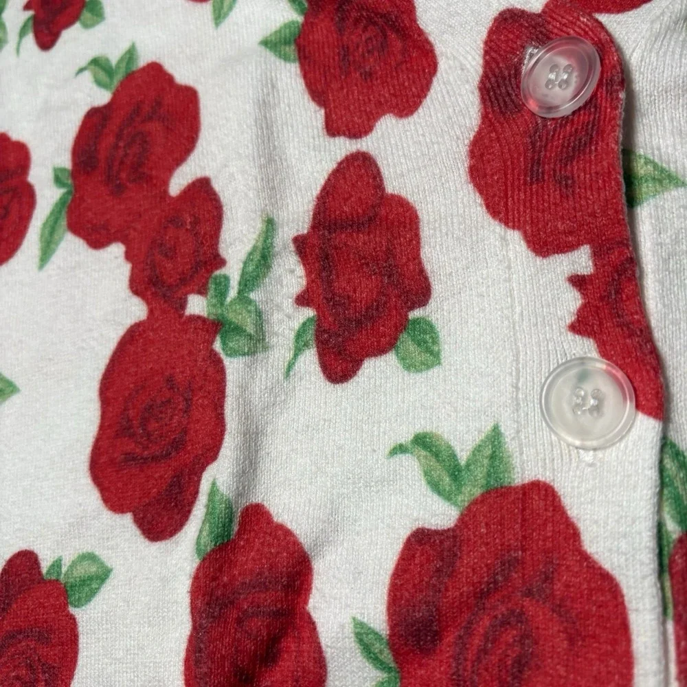 J. Society Rose Floral Cardigan Sweater Red White Cotton M A1387